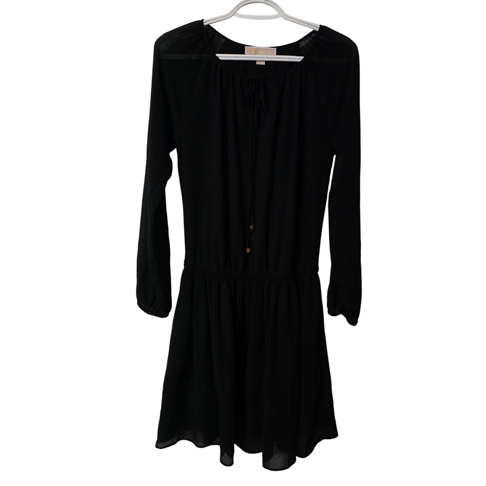 Michael Kors Black Chiffon Long Sleeve Pleated Mini Dress Tie Neck XS